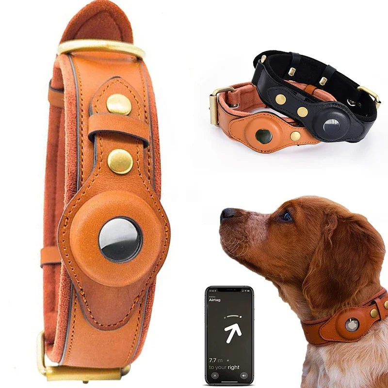 Leather Collar with Apple AirTag Holder - Keep Your Dog Protected