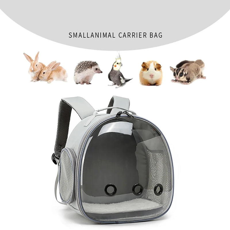 Portable, breathable carrier backpack for small animals, suitable for guinea pigs, birds, rabbits, hedgehogs, hamsters, and chinchillas